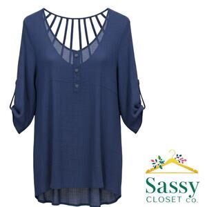 Bobeau Blue Scoop Neck Top Roll Tab Sleeves Cutout Back High‑Low Hem Women’s L